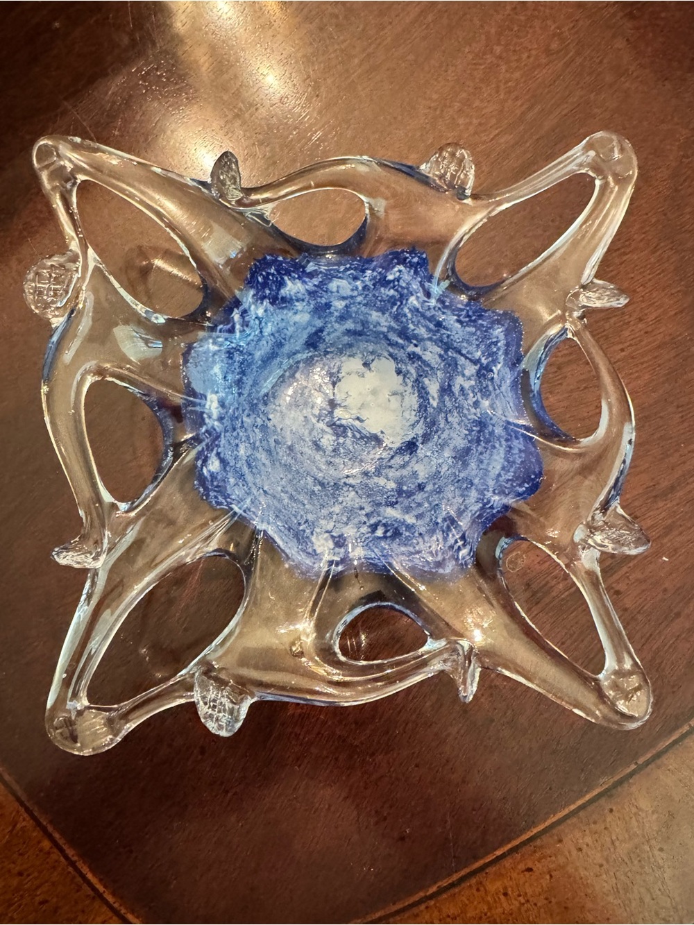 Murano Cobalt Blue, White, & Clear Glass Sculpture Bowl 6”x6”
